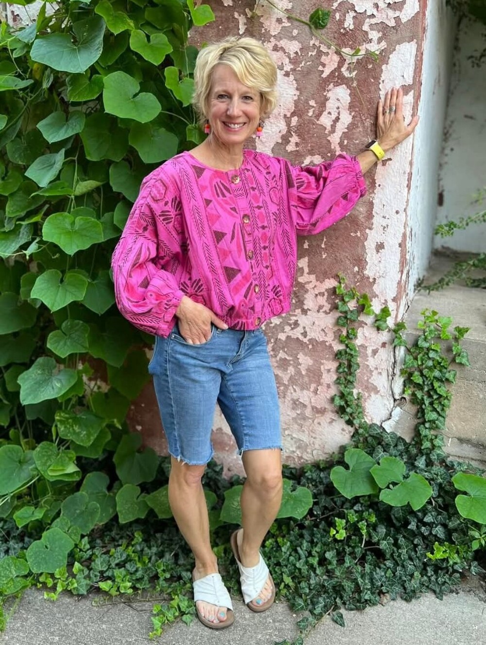 ivy jane Pink Patterned Button-Front Balloon Sleeve Cardigan_S/M